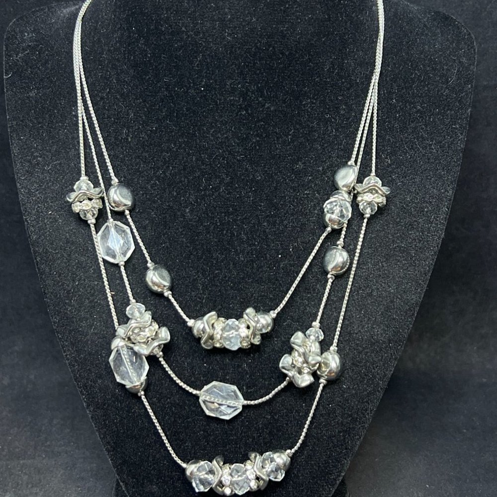 Chico's Triple Strand Silver Tone And Clear Beaded Necklace (4260)